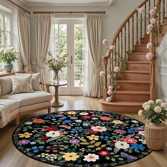 PLHXFR Round Area Rug Living Room: 6 ft Floral Washable Soft Carpet Black | - Image 2