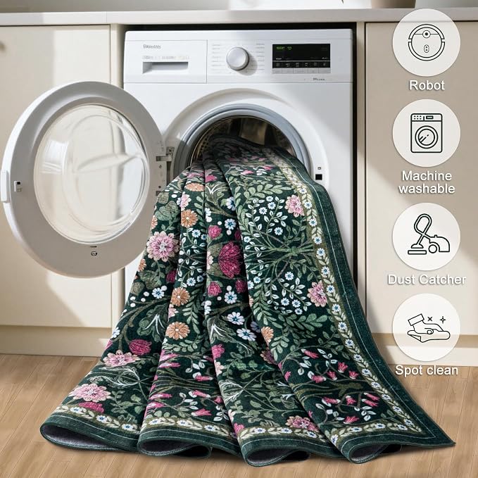PLHXFR 2.6x8 Washable Runner Rug：Floral Indoor Kitchen Carpet Dark Green | - Image 7