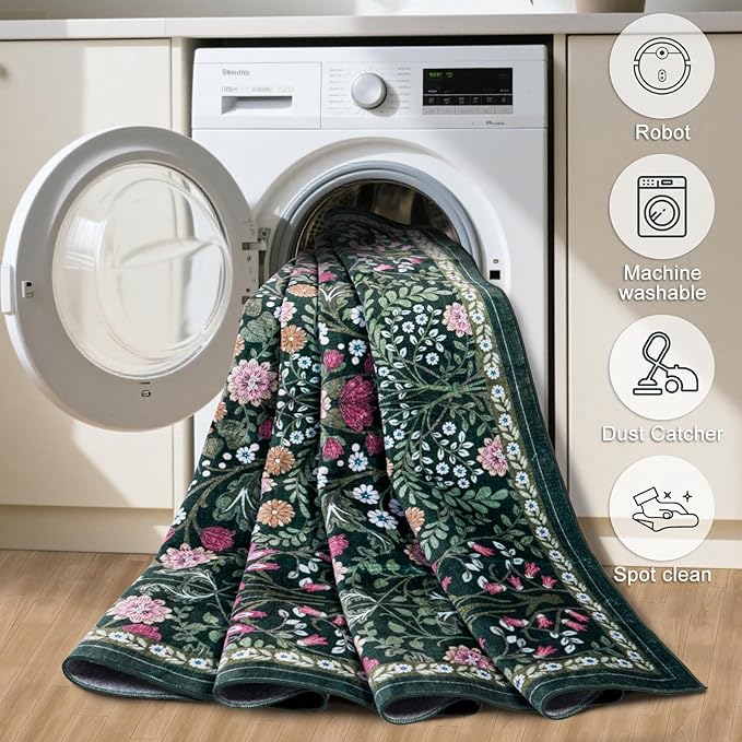 PLHXFR 6x9 Area Rug Living Room: Floral Washable Boho Carpet Dark Green | - Image 6