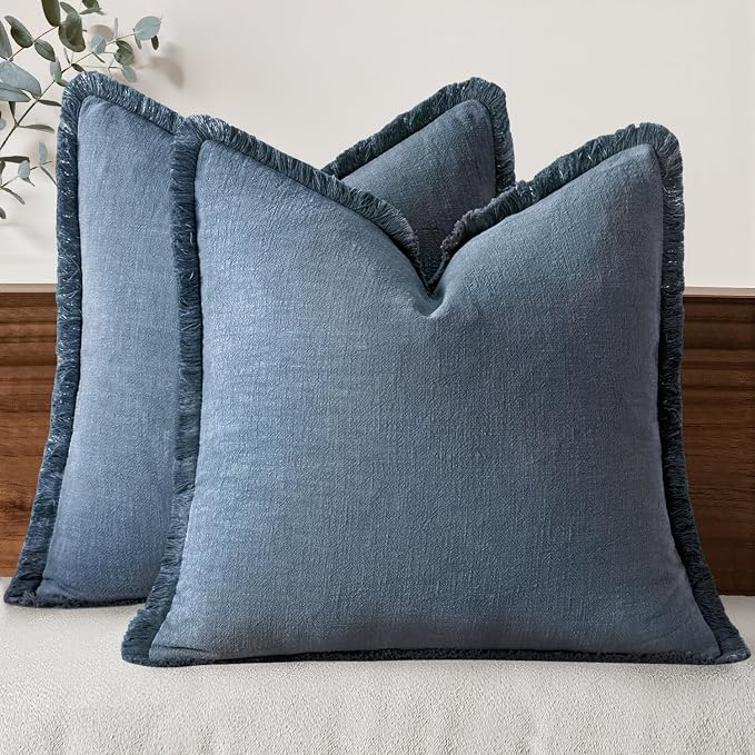 MIULEE Linen Fringe Decorative Euro Throw Pillow Covers Blue Ashes 28x28 | Set by MIULEE