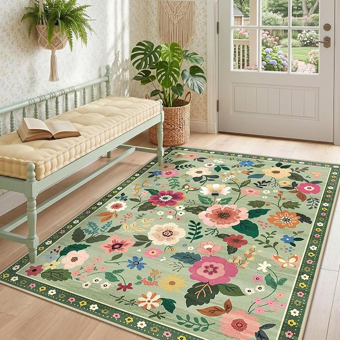 RELEANY Floral Washable 3x5 Area Rugs LightGreen | Flower Carpet Print Boho by RELEANY