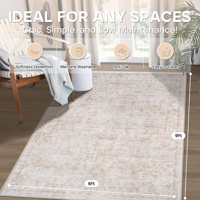 6x9 Area Rugs for Living Room Bedroom Dining Room Washable Beige White | Soft - Image 2