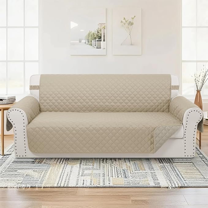 Reversible 4 Seater Sofa Cover 91" Large, Sand/Beige | Couch Cover Furniture - Image 2