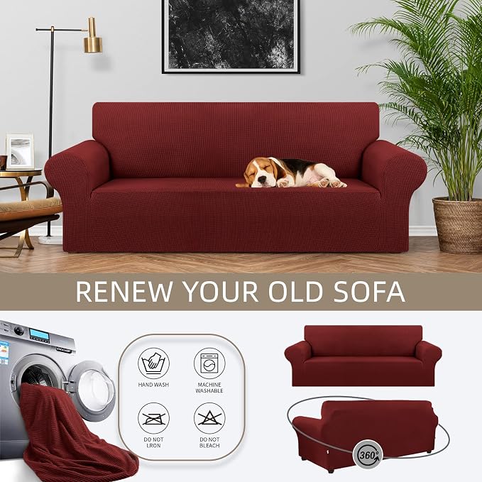 Stretch Couch Covers for Sofa, 3 Cushion Couch Slipcover, Dark Red | 1-Piece - Image 3