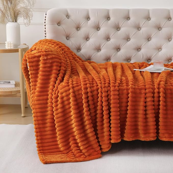 Orange Throw Blanket for Couch Sofa 60x80 inches Striped Design | Fleece - Image 3