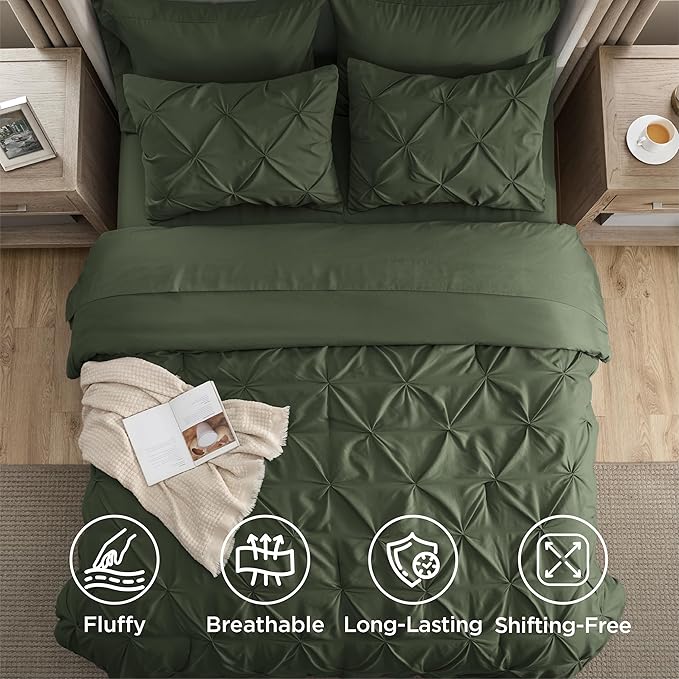 Bedsure California King Comforter Set Olive Green - Bed in a Bag Cal King Bedding Set 7 PCS, GentleSoft™ Pintuck Bed Set Gift for Family, Pinch Pleat Green Comforter with Sheets, Pillowcases & Shams