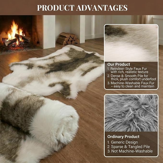 Reindeer Pattern Faux Fur Area Rug, 3.6'x3.0' Plush Machine Washable Runner - Image 5