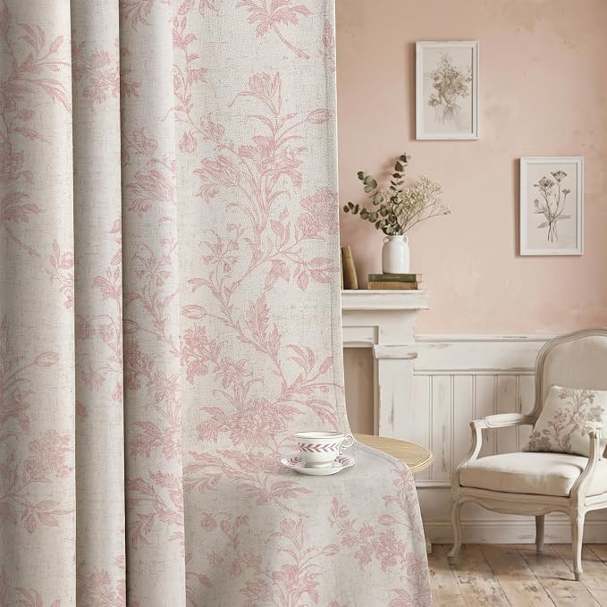 Pink Boho Floral 100% Blackout Curtains 84 Inch 2 Panels | Farmhouse Vintage by Unknown