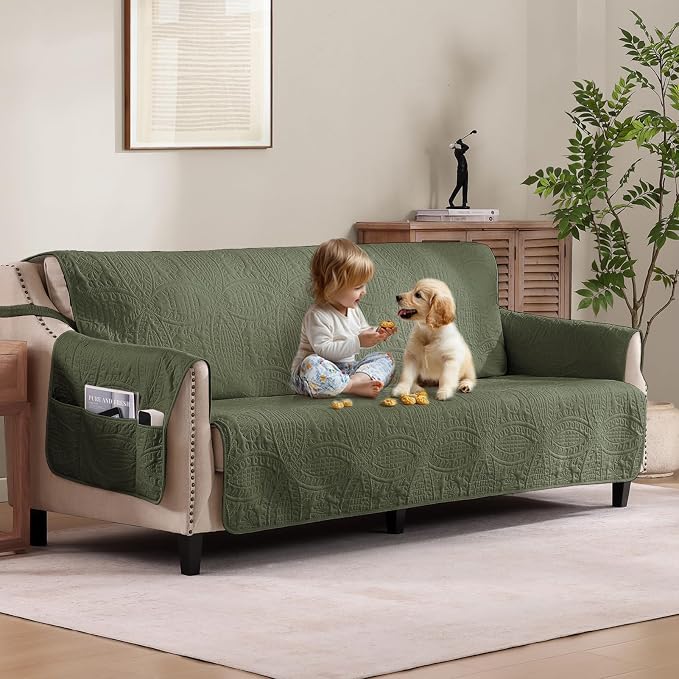 Quilted Olive Green Sofa Slipcovers by Pamhaven