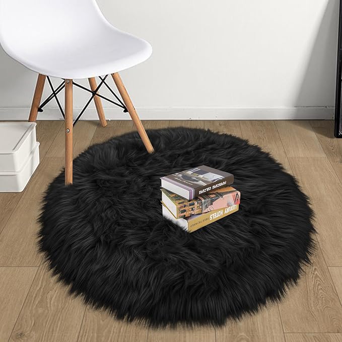 Small Black Round Rug 2ft for Bedroom, Faux Fur Fluffy Circle Rug Furry Carpet - Image 6