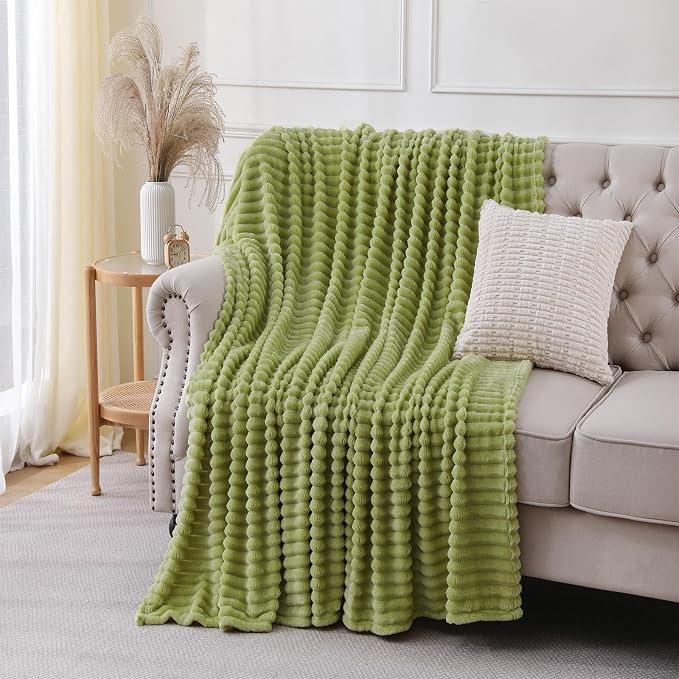 Moss Green Throw Blanket for Couch Sofa 50x60 inches Striped Design | Fleece - Image 4