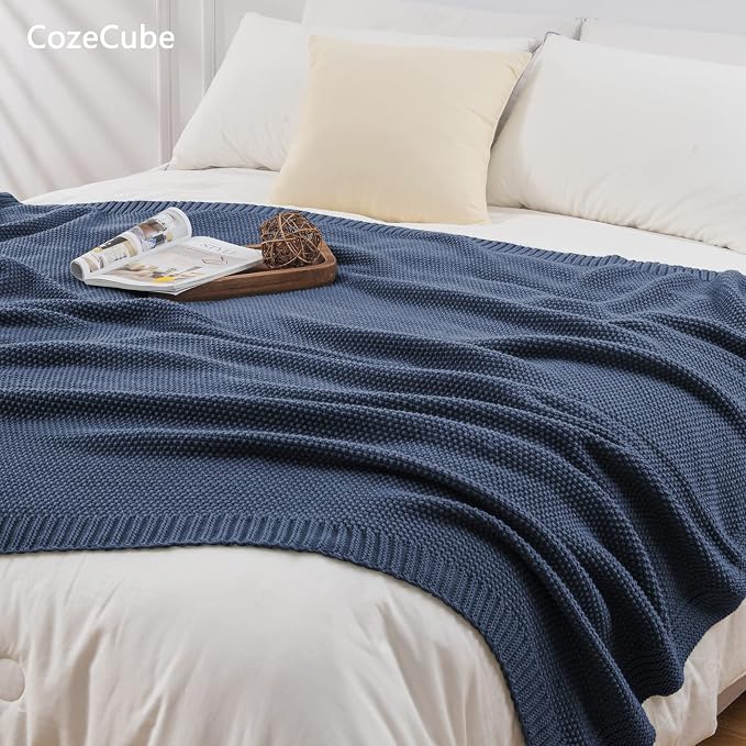 CozeCube Dusty Blue Seed Stitch Throw Blanket 50"x60", Farmhouse Decor | Blanket - Image 5