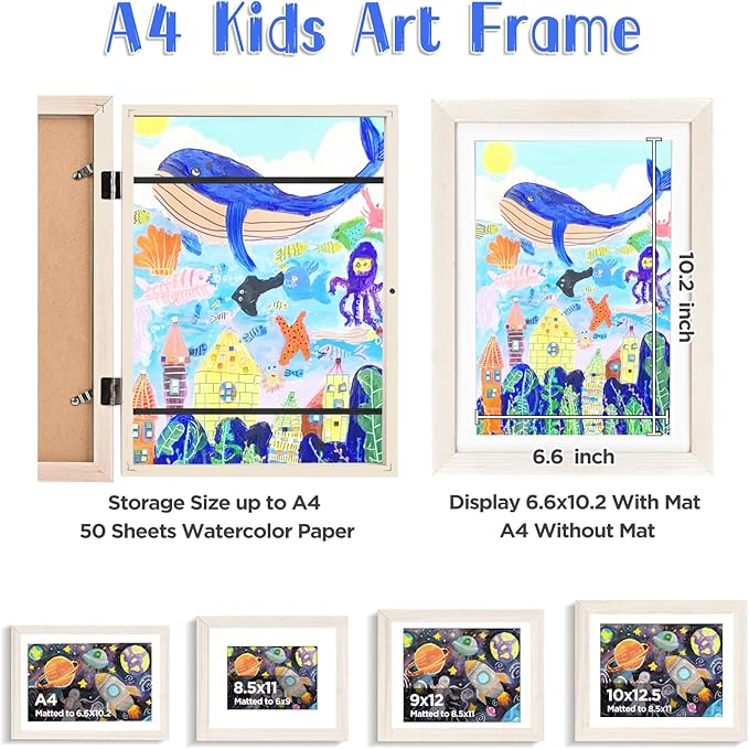 KINLINK A4 Kids Art Frames Set of 2, Solid Wood Kids Artwork Frames Changeable with Acrylic Front Opening Holds 150 Pictures 8.3x11.7, Art Frame for Kids Artwork with Mat or without Mat, White Wood