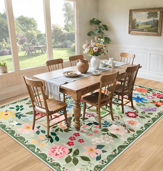 PLHXFR Area Rug Living Room: 5x7 Floral Washable Boho Soft Carpet Green | - Image 4
