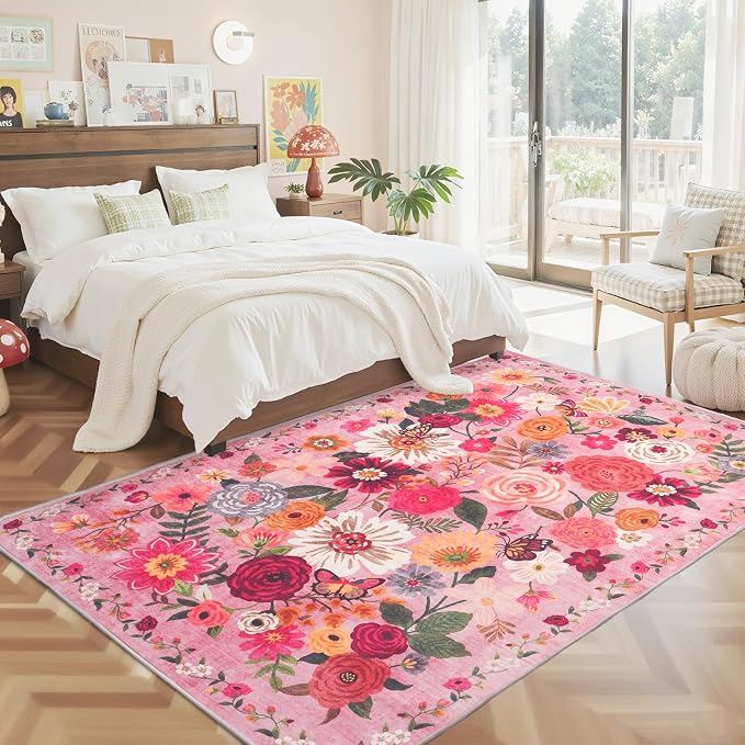 Pink Floral Area Rug 6x9 for Living Room Bedroom | Ultra-Thin; Easy Clean; Non - Image 4