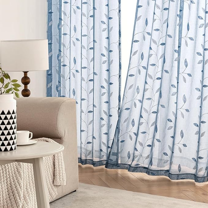MIULEE Stone Blue Sheer Curtains 2 Panels Leaf Patterned, W52 x L84 | - Image 3