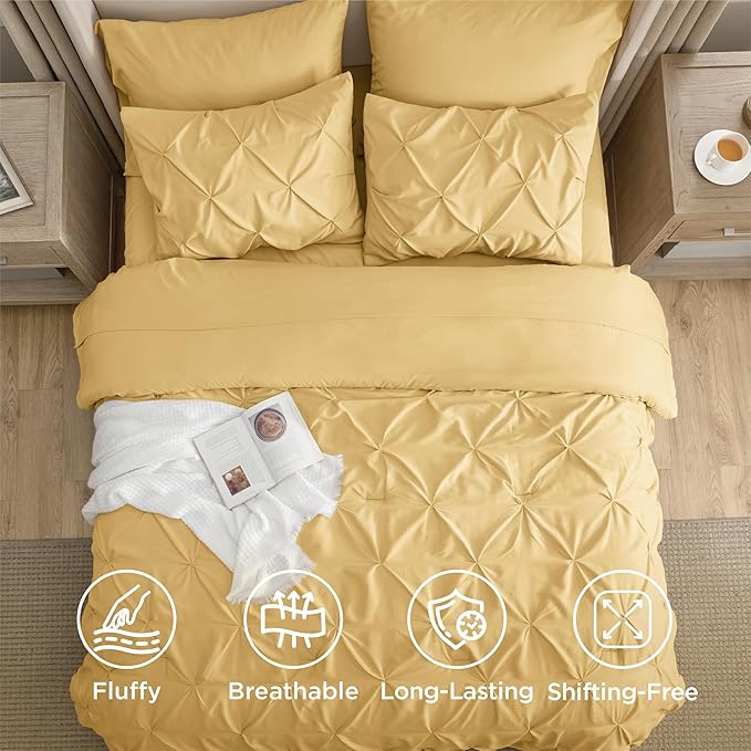 Bedsure Twin Comforter Set Yellow - Bed in a Bag Twin Size Bedding 5 Pieces, GentleSoft™ Pintuck Bed Set Gift for Family, Pinch Pleat Yellow Comforter with Sheets, Pillowcase & Sham