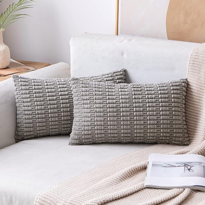 MIULEE Lumbar Corduroy Decorative Throw Pillow Covers 12x20 Light Grey | Pack by MIULEE