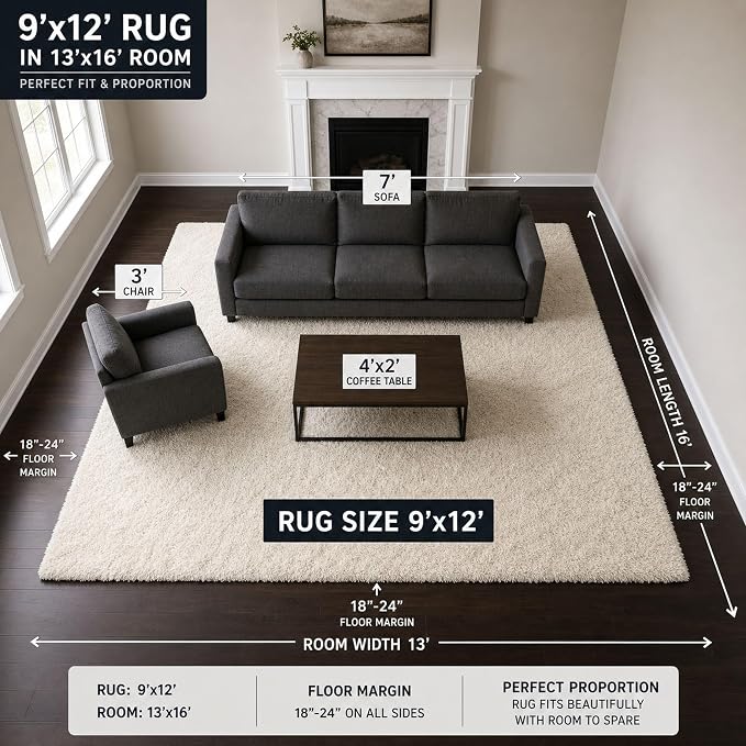 Ophanie Area Rugs 9x12 Living Room, Large Ivory Bedroom Carpet, Big Shag Indoor - Image 2