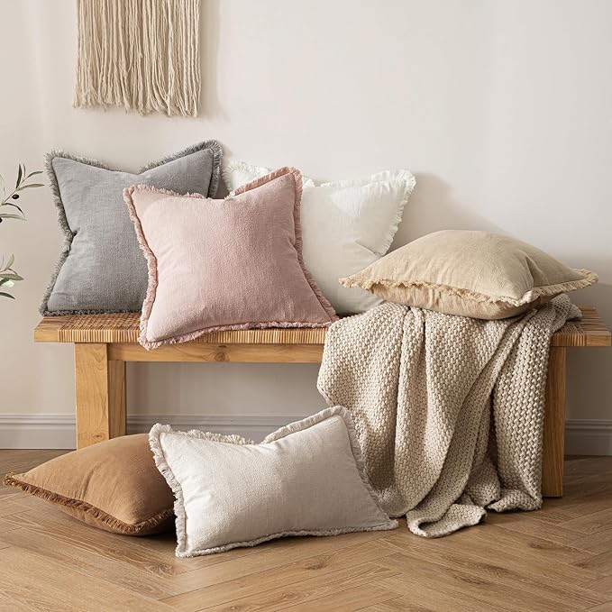MIULEE Boho Linen Fringe Decorative Throw Pillow Covers Light Pink 18x18 | Set - Image 7
