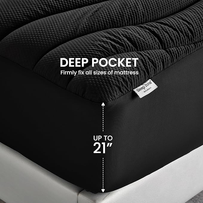 SLEEP ZONE Cooling Queen Mattress Topper, Premium Zoned Cool Mattress Pad Cover, Padded Mattress Protector Breathable Washable, Deep Pocket 8-21" (Black, Queen)