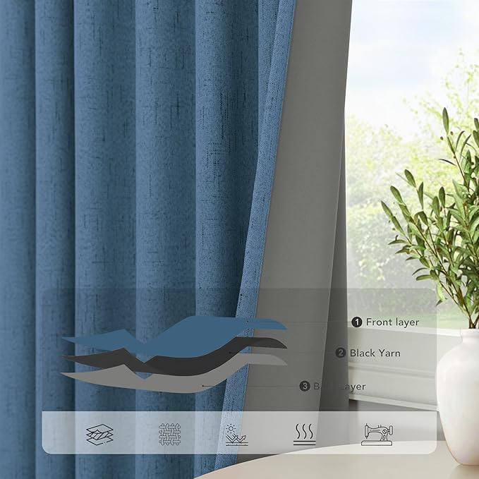 Denim Blue Living Room Darkening Curtains 72 Inches Long 2 Panels Set Faux - Image 6
