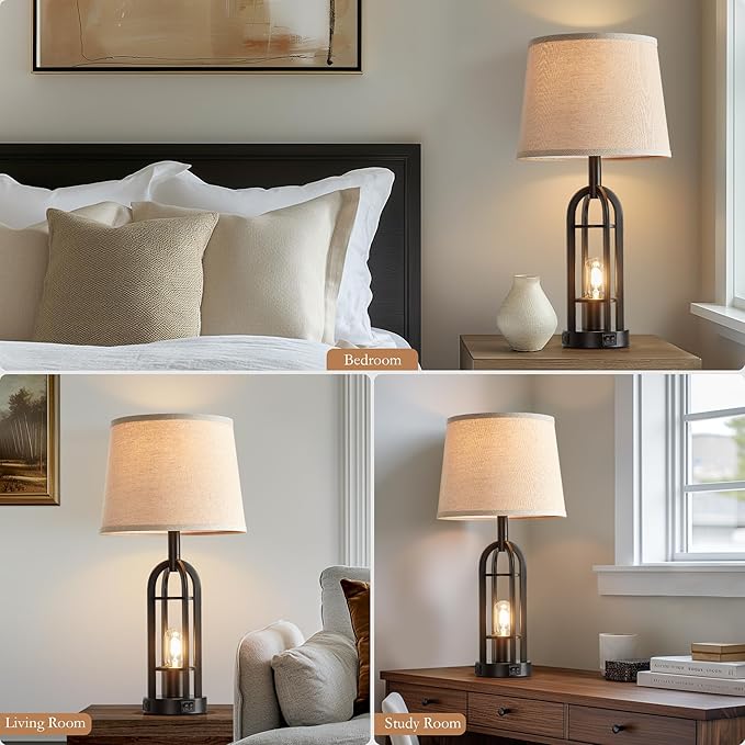 Black Table Lamps for Living Room Set of 2 - Farmhouse Lamps for Night Stands with USB A+C, Bedside Lamps for Bedroom, 24'' Industrial Lamp for Living Room End Tables