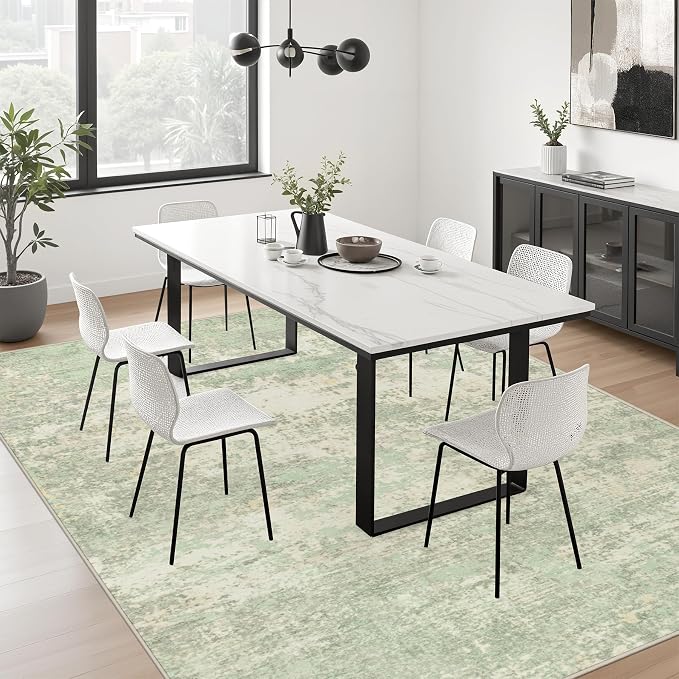 10x12 Area Rug Living Room: Modern Washable Soft Carpet Green Cream | - Image 4