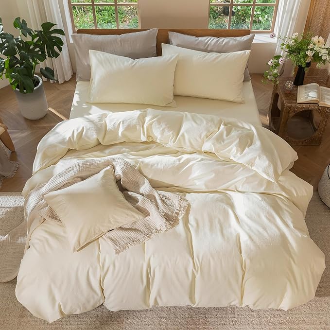 MooMee Bedding Duvet Cover Set 100% Washed Cotton Linen Like Textured Breathable Durable Soft Comfy (Solid Cream White, Alaska King 132"x120")