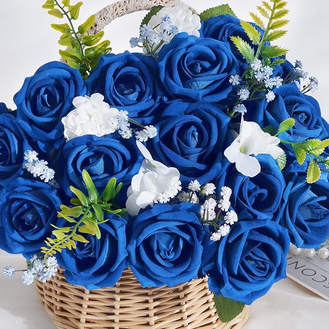 BLEUM CADE 50 Pcs Blue Roses Artificial Flowers, Real Touch Velvet Roses Fake Flowers Bulk, Artificial Roses Bouquet with Long Stems Bridal DIY Wedding Party Centerpiece Decorations