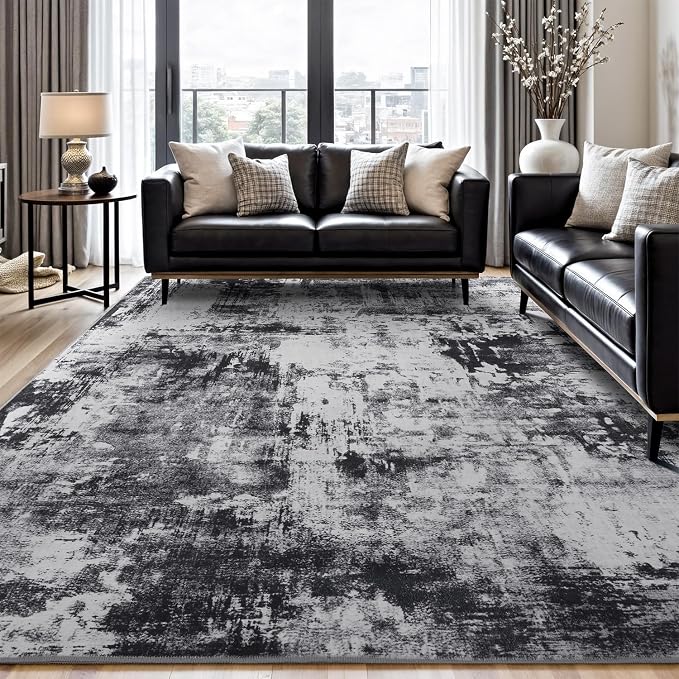 Rugflix 8x10 Area Rugs for Living Room, Washable Black Grey Dark Large Rug | by RugflixAreaRugs
