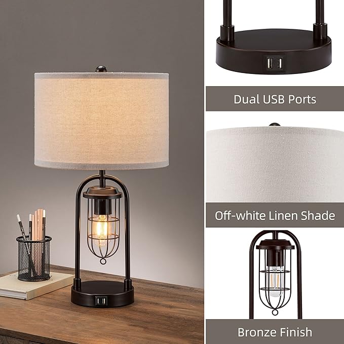 KAWOTI Set of 2 Farmhouse Table Lamps with USB Ports and Night Light Modern Nightstand Lamp for Living Room Bedroom（Bulbs Included）