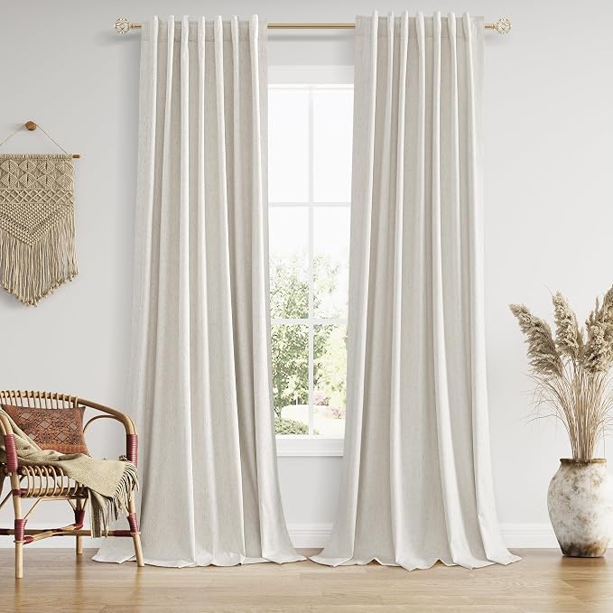 100% Blackout Boho 96 Inches Long Natural Linen Curtains Floor to Ceiling Drapes by Guken