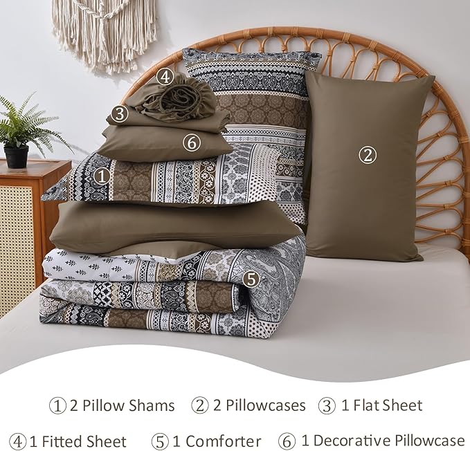 Cottolester Brown Comforter Set Queen Size,Boho Fall Bed in a Bag 8 Pieces,Paisley Soft Microfiber Bedding Comforter Set