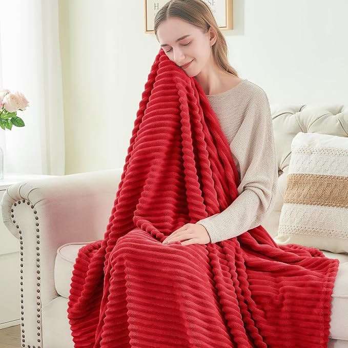 BEDELITE 3D Ribbed Jacquard Red Fleece Twin Blanket - Image 4