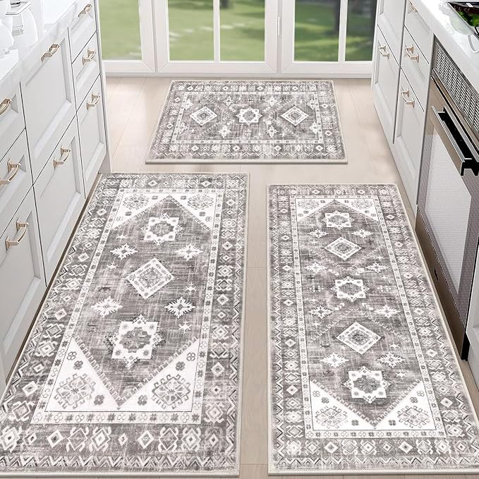 HEBE Boho Kitchen Rugs Set of 3, Non Slip Washable Kitchen Mats by HEBE