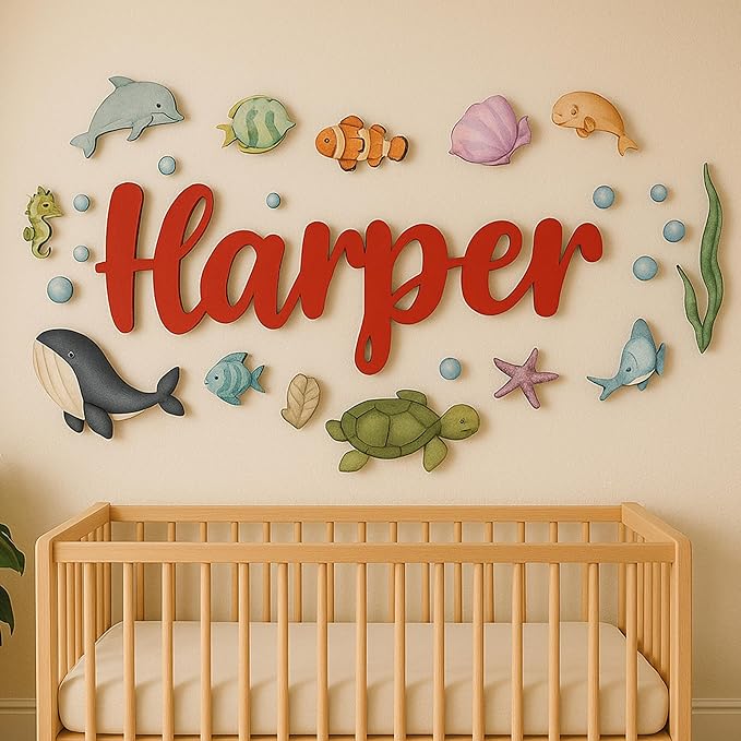 Custom Nursery Name Sign with Themed Decor Kit | Personalized Wooden Wall Art for Baby, Kids Room | Space, Jungle, Circus, Under the Sea, Woodland, Rainbow (20", Under the Sea)