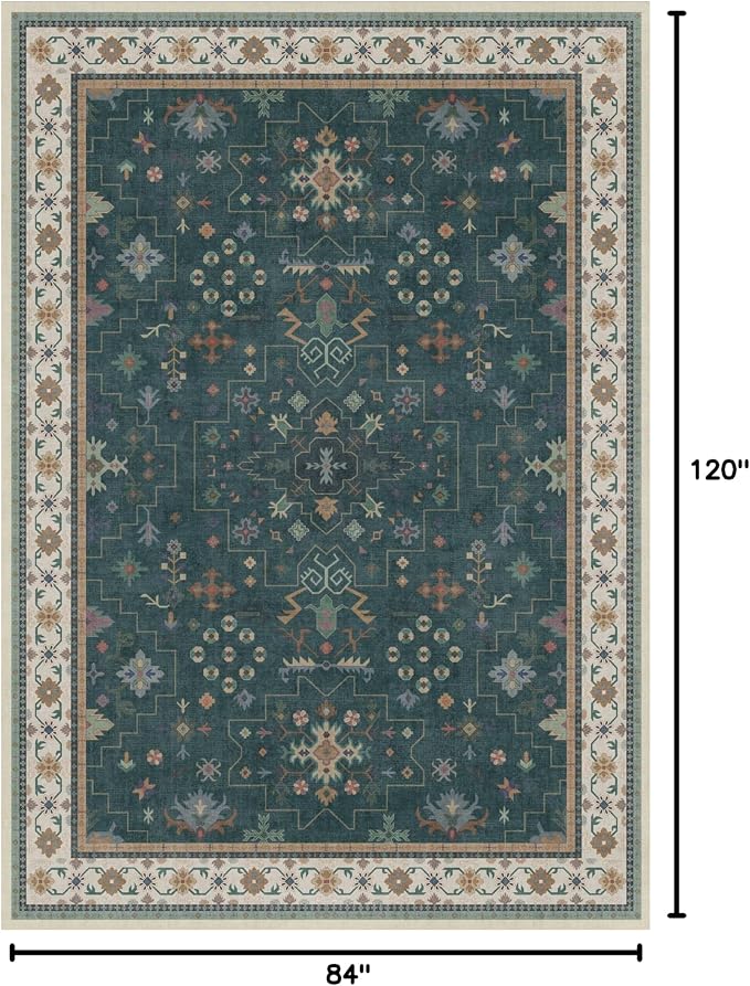 Dark Green Vintage 7x10 Washable Rugs - Image 2
