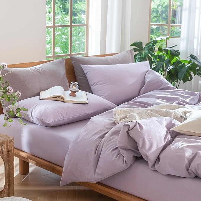 MooMee Bedding Duvet Cover Set 100% Washed Cotton Linen Like Textured Breathable Durable Soft Comfy (Heathered Light Purple, Queen 90"x90")