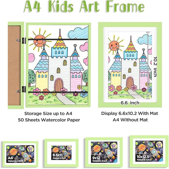 KINLINK A4 Kids Art Frames Set of 2, Solid Wood Kids Artwork Frames Changeable with Acrylic Front Opening Holds 150 Pictures, Art Frame for Kids Artwork with Mat or without Mat, Light Green