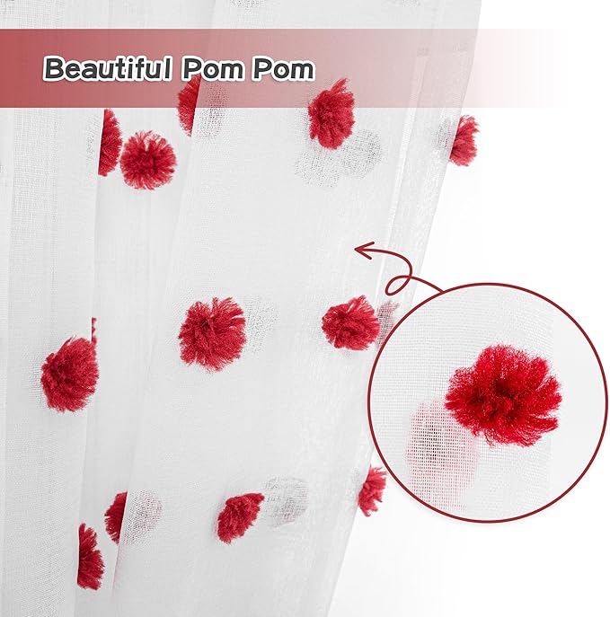 MYSKY HOME 95 Inch Long Christmas Curtains for Living Room Sliding Door Red Pom Pom White Shher Curtains for Bedroom Large Window Panels Dining Room Rod Pocket Privacy Protect 2 Sets 52" x 95"