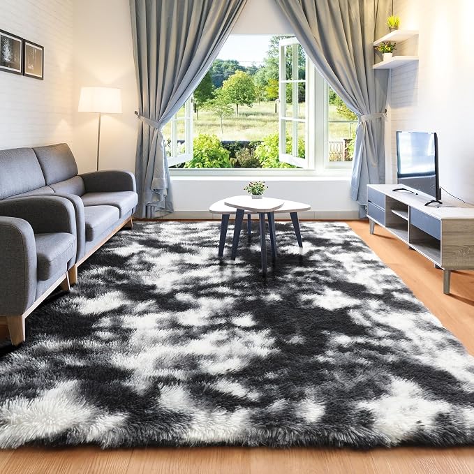 Black and White Area Rugs for Living Room, 5x8 Fluffy Bedroom Rug, Soft Plush - Image 4
