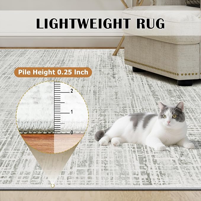 10x14 Washable Area Rug for Living Room Bedroom: Non-Slip Modern White Gray | - Image 7