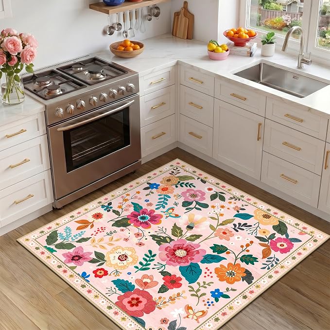 RELEANY Floral Washable Square 4ft Area Rug Pink | Flower Carpet Print Boho by RELEANY