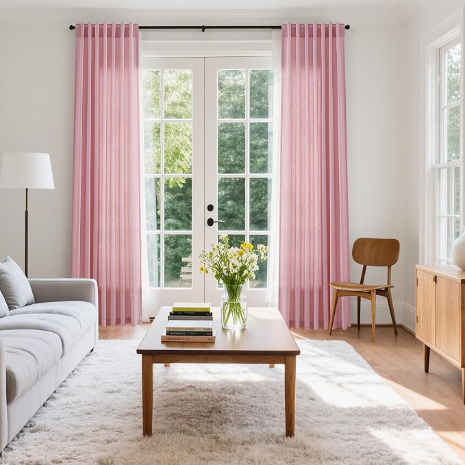 Rose Linen Curtains 90 Inch Long 2 Panels Set Back Tab Rod Pocket Semi Sheer - Image 7