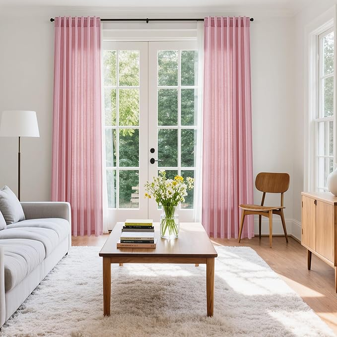 Rose Linen Curtains 108 Inches Long 2 Panels Set - Image 7