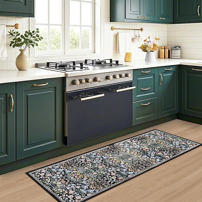 PLHXFR 2.6x8 Washable Runner Rug：Floral Indoor Kitchen Carpet Dark Black | - Image 6
