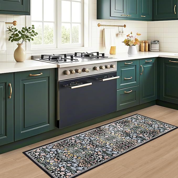 PLHXFR 2x5 Washable Runner Rug：Floral Indoor Kitchen Carpet Dark Black | - Image 5