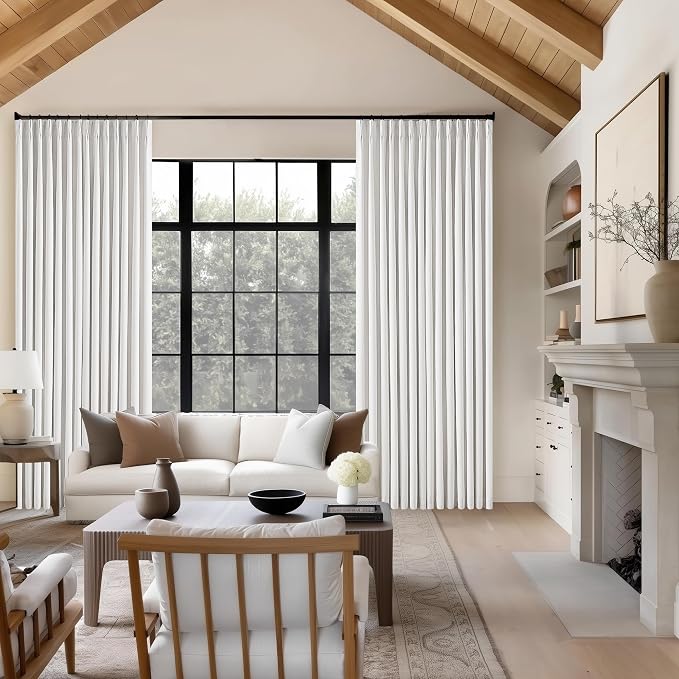 Beige White Pinch Pleated Full Blackout Linen 96 Inch Curtains 2 Panels | Room - Image 9