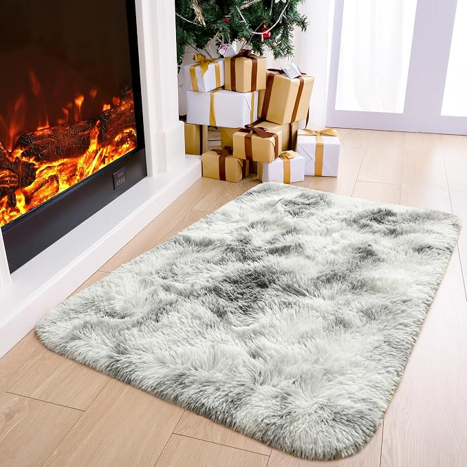 2x3 Tie-Dyed Grey and White Fluffy Area Rug Non-Slip - Image 2